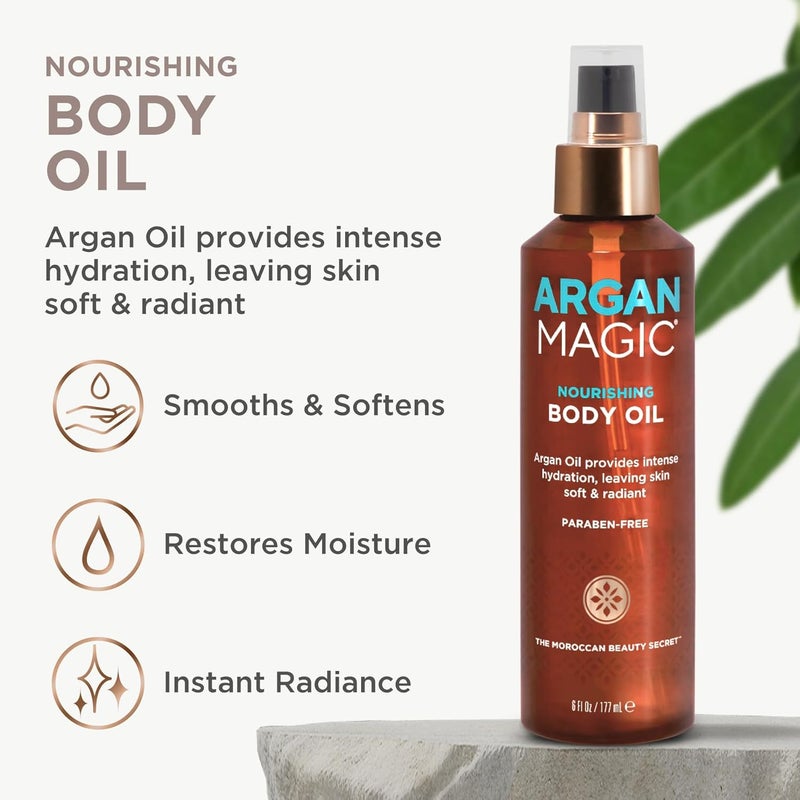 ARGAN MAGIC زيت الجسم المغذي سحر الأركان مع زيت الأركان واللوز ترطيب مكثف ينعش ويضيء مصنوع في الولايات المتحدة خالي من البارابين خالي من القسوة 6 أونصة سائلة - Image 3