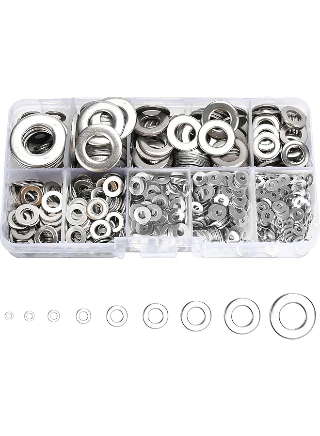 Flat Washers for Screws,800 Pcs 304 Stainless Steel Flat Washers for Screws Bolts, Fender Washers Assortment Set, Assorted Hardware Lock Metal Washers Kit (9 Sizes-M2 M2.5 M3 M4 M5 M6 M8 M10 M12) for - Image 1
