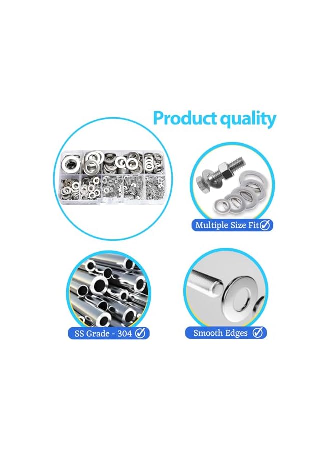 Flat Washers for Screws,800 Pcs 304 Stainless Steel Flat Washers for Screws Bolts, Fender Washers Assortment Set, Assorted Hardware Lock Metal Washers Kit (9 Sizes-M2 M2.5 M3 M4 M5 M6 M8 M10 M12) for - Image 3