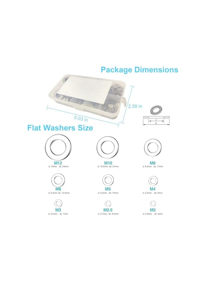 Flat Washers for Screws,800 Pcs 304 Stainless Steel Flat Washers for Screws Bolts, Fender Washers Assortment Set, Assorted Hardware Lock Metal Washers Kit (9 Sizes-M2 M2.5 M3 M4 M5 M6 M8 M10 M12) for - Image 2