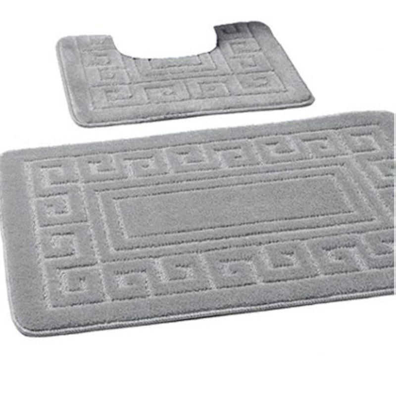 EDS Luxury 2 Piece Greek Bath Mat Set Non Slip Ultra Soft Bathroom Mats Water Absorbent Bath Mats Machine Washable Rug Toilet Mat for Bathroom Floor Silver
