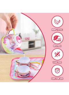 JOYIN JOYIN Unicorn Tea Set for Toddlers Tea Party Set for Children Kids Pretend Role Play Tin Teapot Set with Cups, Plates and Carrying Case Kitchen Toy for Little Girls Birthday Gifts Age 3 4 5 6  - Image 3