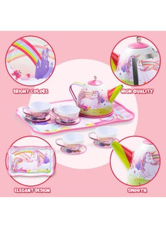 JOYIN JOYIN Unicorn Tea Set for Toddlers Tea Party Set for Children Kids Pretend Role Play Tin Teapot Set with Cups, Plates and Carrying Case Kitchen Toy for Little Girls Birthday Gifts Age 3 4 5 6  - Image 4