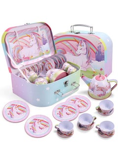 JOYIN JOYIN Unicorn Tea Set for Toddlers Tea Party Set for Children Kids Pretend Role Play Tin Teapot Set with Cups, Plates and Carrying Case Kitchen Toy for Little Girls Birthday Gifts Age 3 4 5 6  - Image 1