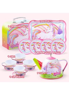 JOYIN JOYIN Unicorn Tea Set for Toddlers Tea Party Set for Children Kids Pretend Role Play Tin Teapot Set with Cups, Plates and Carrying Case Kitchen Toy for Little Girls Birthday Gifts Age 3 4 5 6  - Image 2