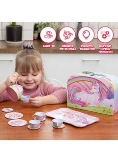 JOYIN JOYIN Unicorn Tea Set for Toddlers Tea Party Set for Children Kids Pretend Role Play Tin Teapot Set with Cups, Plates and Carrying Case Kitchen Toy for Little Girls Birthday Gifts Age 3 4 5 6  - Image 5