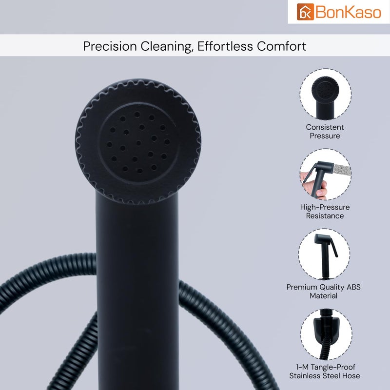 BonKaso ABS Health Faucet Black Finish Jet Spray for Toilet Handheld Bidet Sprayer HighPressure Soft Flow Modes LeakProof Push Button 1M TangleFree Stainless Steel Hose Flexible Tube - Image 3