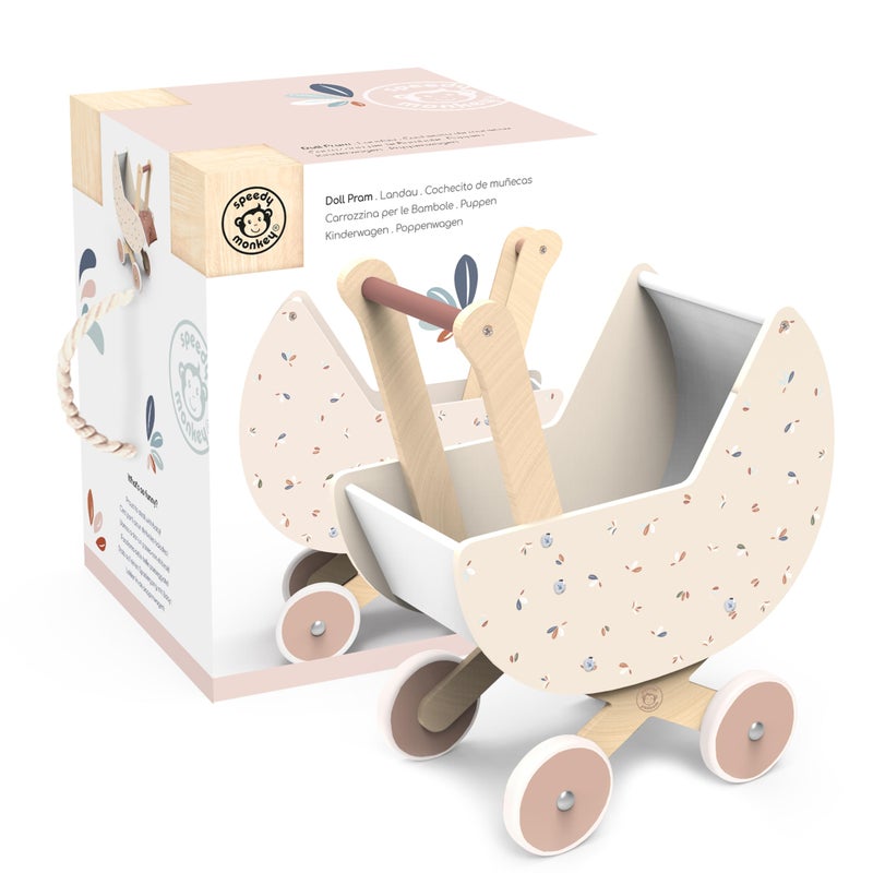 SPEEDY MONKEY Wooden Doll Stroller Pram Pretend Play Push Toy for Toddlers Kids Baby Doll Walker with Soft Bedding Durable RolePlay Stroller for Imaginative Play Nursery Decor - Image 3