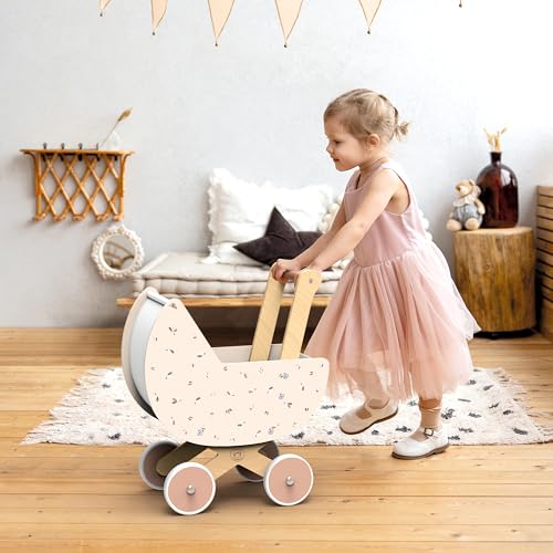 SPEEDY MONKEY Wooden Doll Stroller Pram Pretend Play Push Toy for Toddlers Kids Baby Doll Walker with Soft Bedding Durable RolePlay Stroller for Imaginative Play Nursery Decor - Image 5