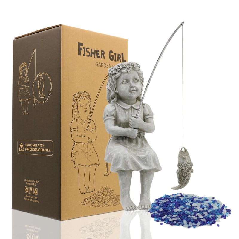 Nacome Gifts for Garden Home Mon Grandma The Little Fishergirl GardenHome Decor StatueFisherman Figurine SculptureOutdoorIndoorDeskPool Pond Ornament