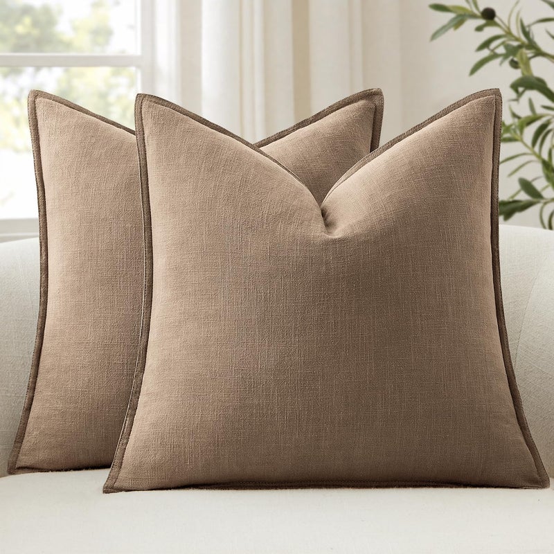 ANRODUO Pack of 2 Decorative Linen Pillow Covers Coco Brown Neutral Farmhouse Boho Soild Cushion Case Soft Accent Pillowcase for Couch Sofa Bedroom Living Room Home Decor 18 x 18 Inch - Image 1