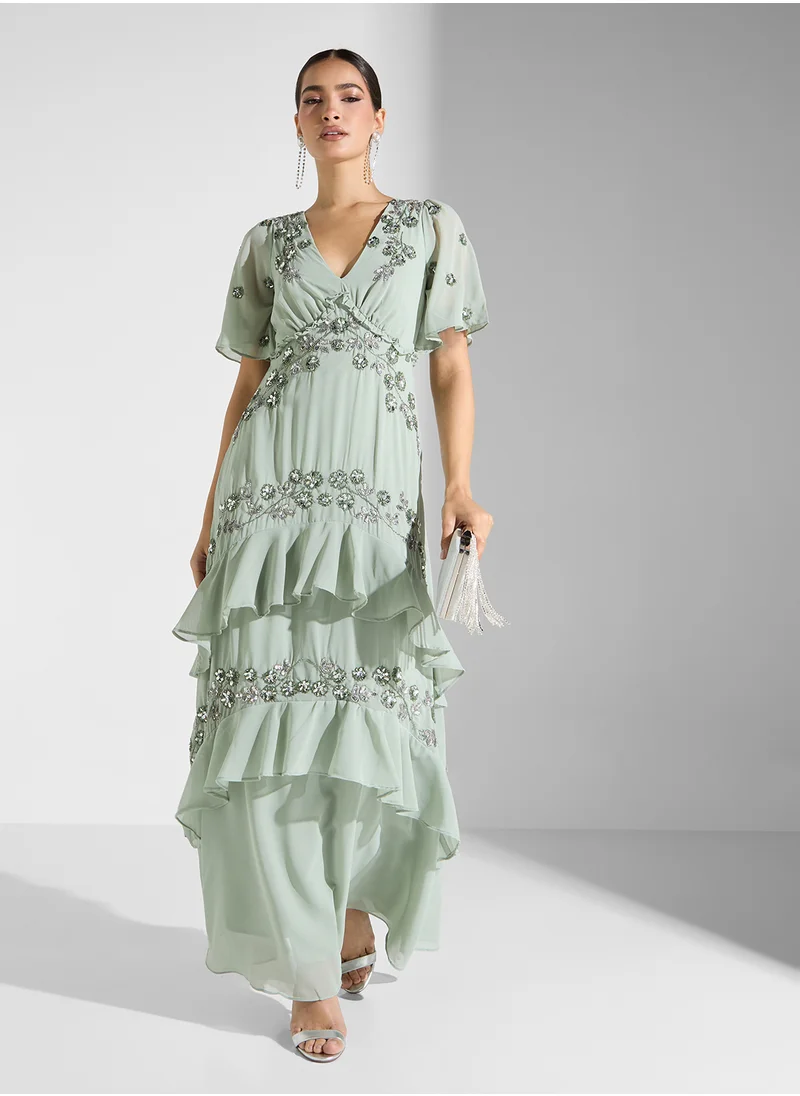 Maya Floral V-Neck Tiered Maxi Dress