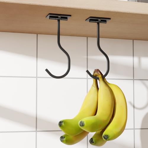 bussdis 2-Pack Self Adhesive Banana Hook, Metal Banana Hanger Hook,Under Cabinet Hook for Bananas Or Other Kitchen Items, Foldable Banana Hook, Folds Up with Magnets When Not in Use, Keep Bananas Fresh - Image 1