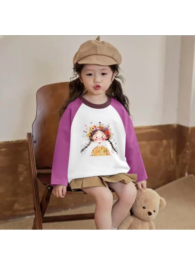 Girls' Pure Cotton T-shirt, Trendy New Style, Children's Spring And Autumn Baby Versatile Long Sleeved Bottom Splicing Top, Autumn Outfit