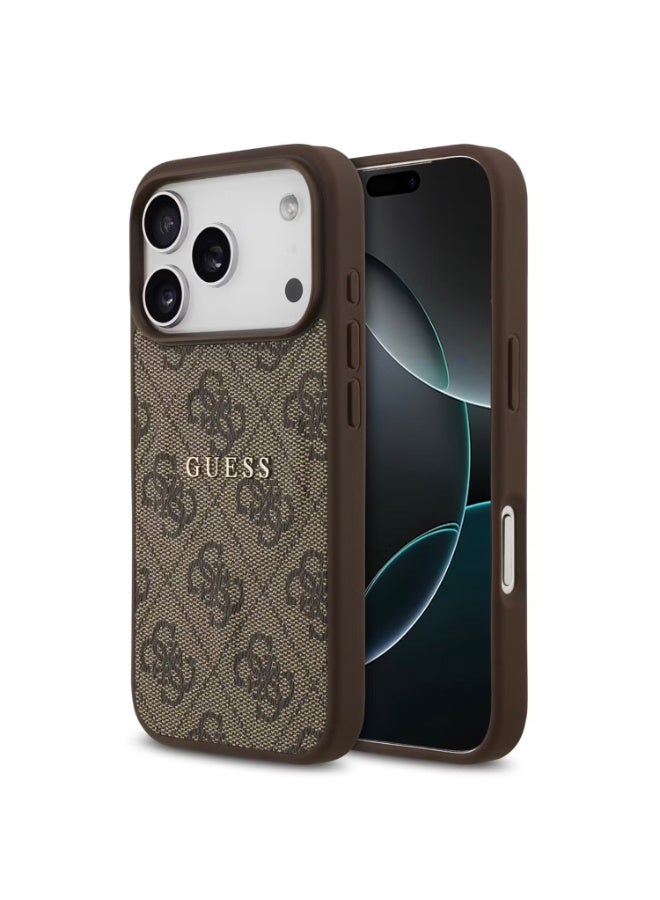 جس جراب Guess MagSafe 4G من جلد البولي يوريثان مع شعار كلاسيكي لهاتف iPhone 17 Pro Max، حماية من السقوط، تصميم رفيع، قبضة مريحة، تغليف مستدام، سهل التركيب، تصميم خفيف الوزن - بني - Image 5