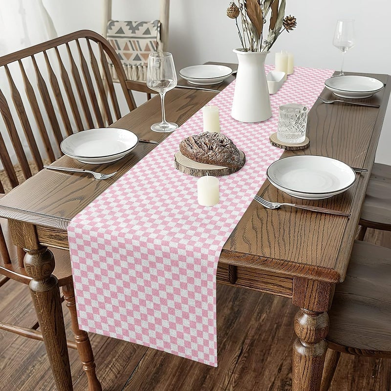 Feelyou Pink Checkered Printed Table Runner,13" x 60" Grid Dresser Scarfs Plaid Dresser Runners White Table Decor for Kitchen Pink - Image 1