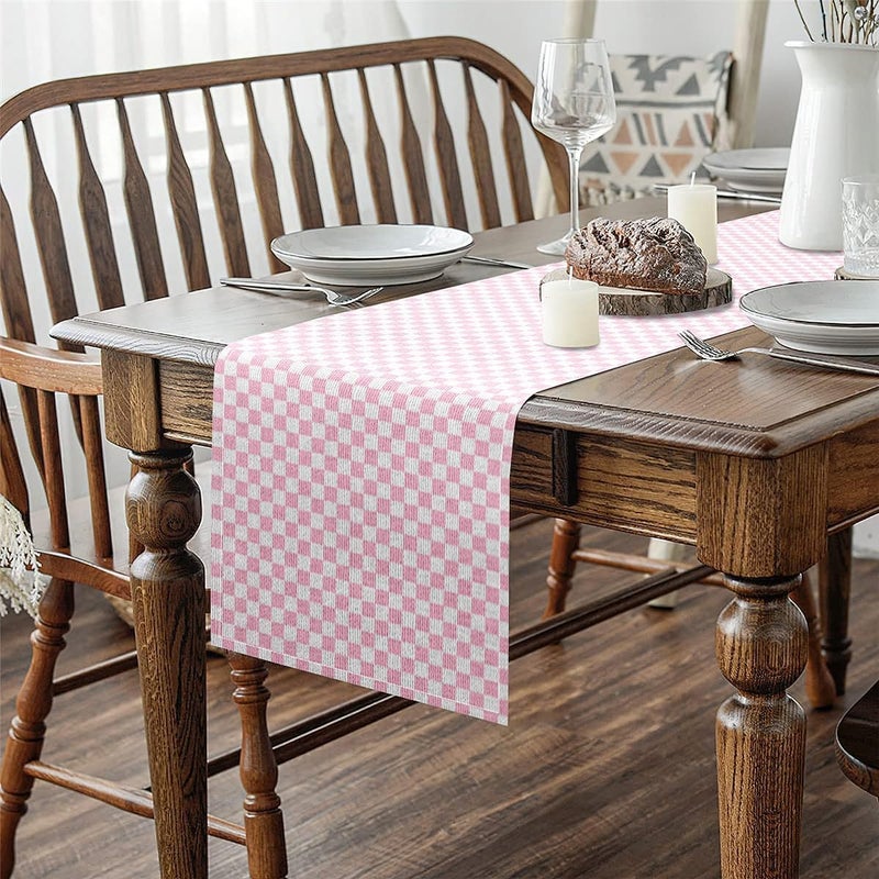 Feelyou Pink Checkered Printed Table Runner,13" x 60" Grid Dresser Scarfs Plaid Dresser Runners White Table Decor for Kitchen Pink - Image 4
