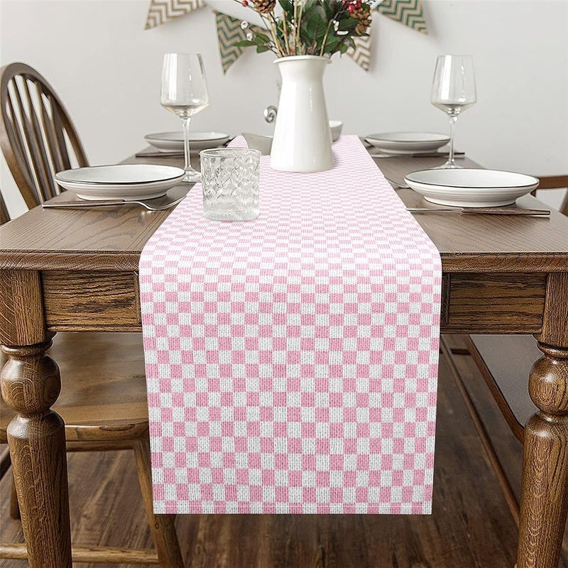 Feelyou Pink Checkered Printed Table Runner,13" x 60" Grid Dresser Scarfs Plaid Dresser Runners White Table Decor for Kitchen Pink - Image 3