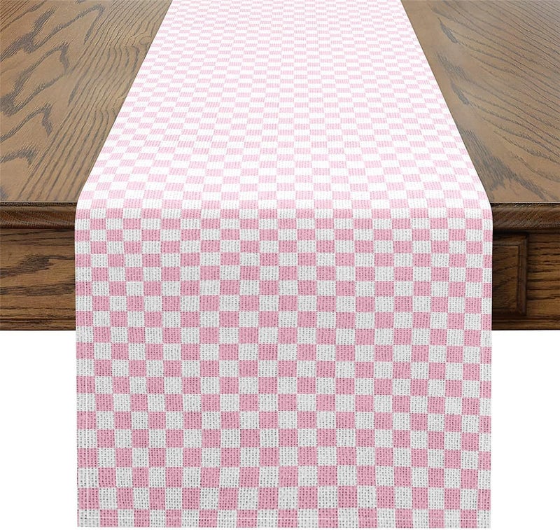 Feelyou Pink Checkered Printed Table Runner,13" x 60" Grid Dresser Scarfs Plaid Dresser Runners White Table Decor for Kitchen Pink - Image 2