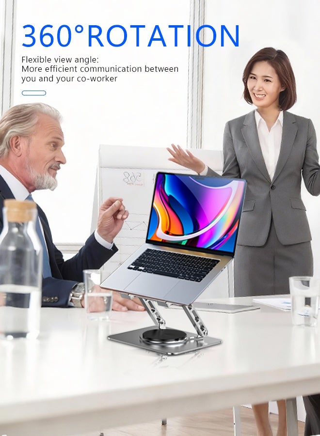 WAEKIL Adjustable Laptop Stand with 360° Rotating Base – Ergonomic Foldable Computer Riser for Desk, Heat Dissipation Metal Stand Compatible with MacBook Pro/Air & Laptops up to 10-17" (Silver) - Image 2