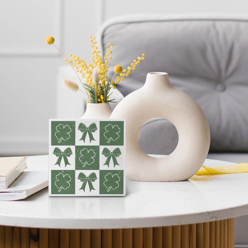 Nvotell Four Leaf Clover Decorations  Coquette Green Bow Lucky Shamrock Wooden Box Sign  St Patrick's Day Decorations  Lucky Shamrock Wood Block Signs for Home Office Desk Table Shelf Decor  5x5 Inch - Image 5
