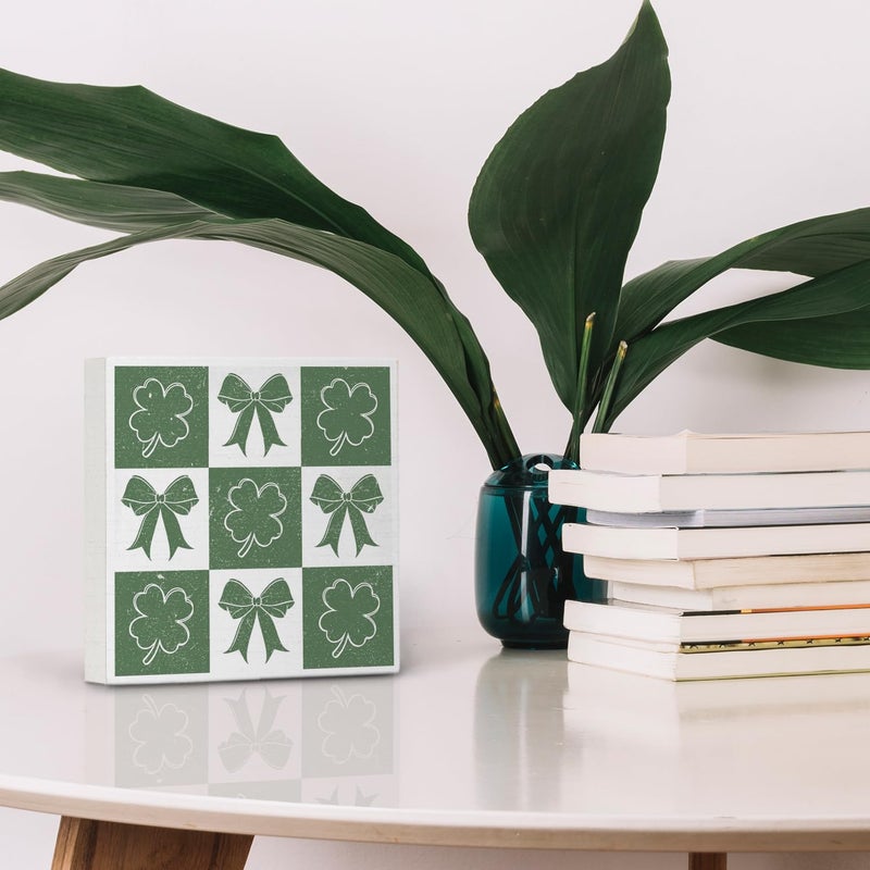 Nvotell Four Leaf Clover Decorations  Coquette Green Bow Lucky Shamrock Wooden Box Sign  St Patrick's Day Decorations  Lucky Shamrock Wood Block Signs for Home Office Desk Table Shelf Decor  5x5 Inch - Image 3