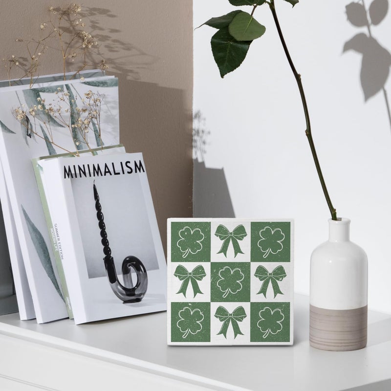 Nvotell Four Leaf Clover Decorations  Coquette Green Bow Lucky Shamrock Wooden Box Sign  St Patrick's Day Decorations  Lucky Shamrock Wood Block Signs for Home Office Desk Table Shelf Decor  5x5 Inch - Image 4