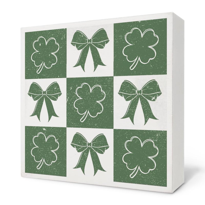 Nvotell Four Leaf Clover Decorations  Coquette Green Bow Lucky Shamrock Wooden Box Sign  St Patrick's Day Decorations  Lucky Shamrock Wood Block Signs for Home Office Desk Table Shelf Decor  5x5 Inch - Image 1