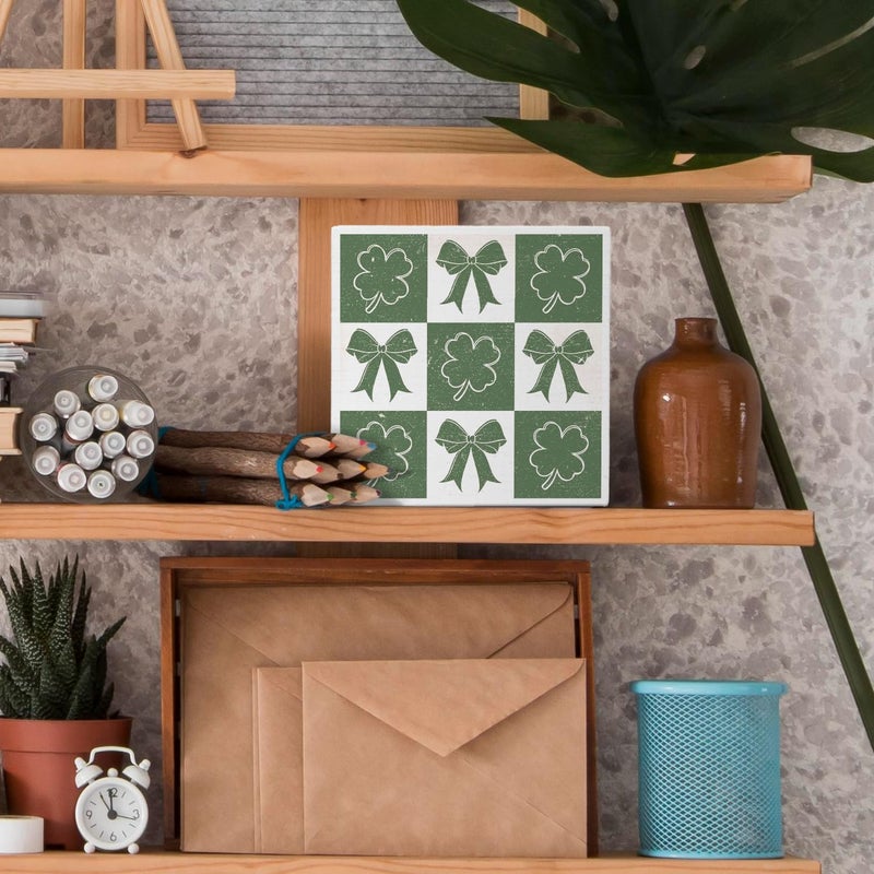 Nvotell Four Leaf Clover Decorations  Coquette Green Bow Lucky Shamrock Wooden Box Sign  St Patrick's Day Decorations  Lucky Shamrock Wood Block Signs for Home Office Desk Table Shelf Decor  5x5 Inch - Image 2