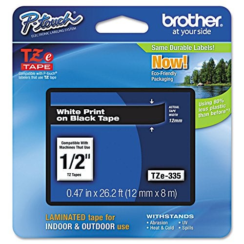 brother شريط ملصقات Brother Genuine P-touch TZE-335، 1/2" (0.47") شريط P-touch لامع قياسي، أبيض على الأسود، لامع للاستخدام الداخلي أو الخارجي، مقاوم للماء، 26.2 قدم (8م)، عبوة فردية - Image 1