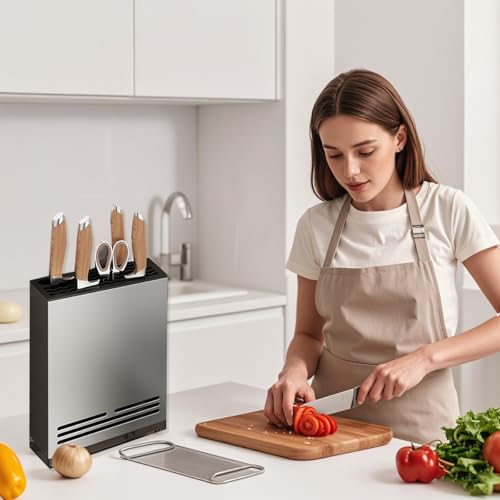 Teadokly Magnetic Universal Knife Block Holder, Magnetic Aluminum Knife Holder for Refrigerator with Slots for Scissors and Sharpening Rod Storage Stand Display Unique Slot Design to Protect Blade - Image 4