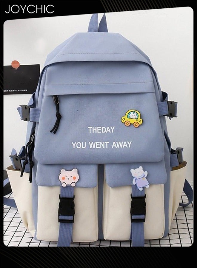 Joychic مجموعة حقيبة ظهر مدرسية جديدة ذات سعة كبيرة مكونة من 5 قطع من القماش المقاوم للماء مع حقيبة أقلام للطلاب في المرحلة المتوسطة والثانوية والكليات باللون الأزرق - Image 2