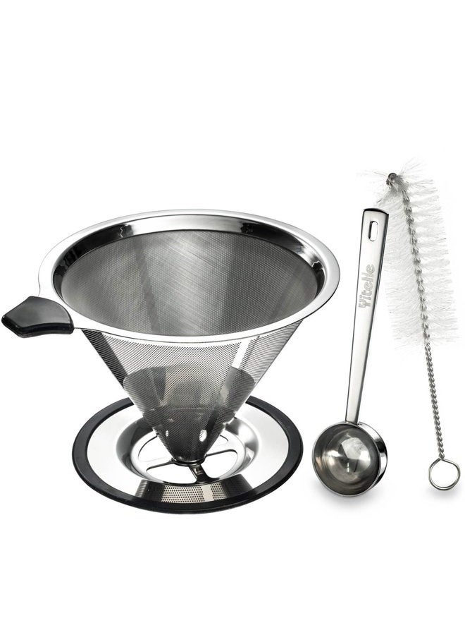 Yitelle Stainless Steel Pour Over Coffee Cone Dripper with Cup Stand and Scooping Spoon Plus Cleaning Brush - Image 2