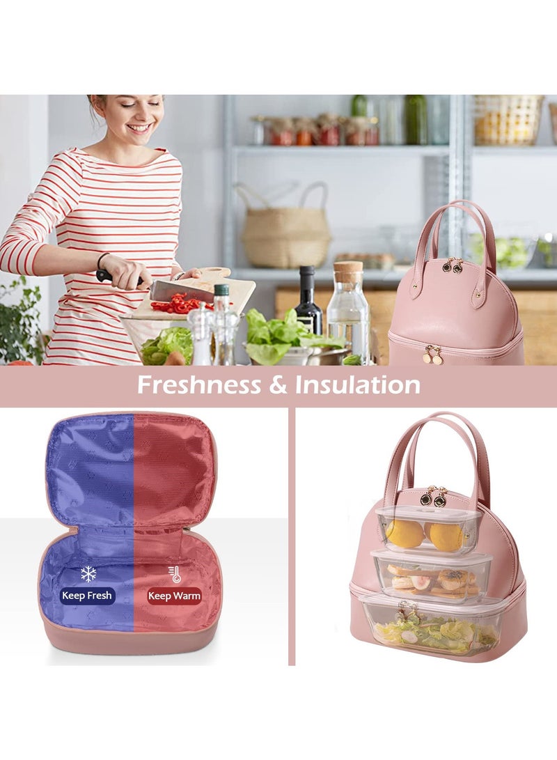 SOLARAE Lunch Bag for Women, Large Capacity Insulated Lunch Bag with Double Decker Waterproof PU Leather Simple Modern Style Lunch Bag for Work, Picnic, Travel (Pink) - Image 3
