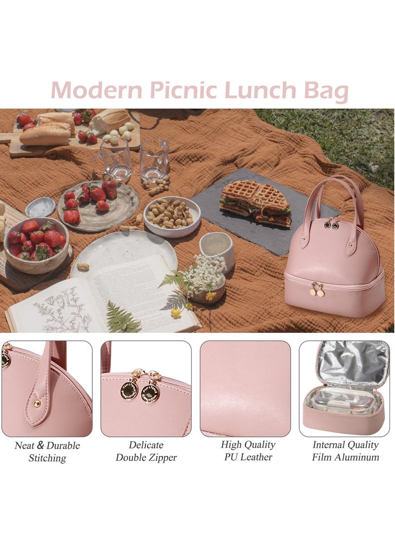 SOLARAE Lunch Bag for Women, Large Capacity Insulated Lunch Bag with Double Decker Waterproof PU Leather Simple Modern Style Lunch Bag for Work, Picnic, Travel (Pink) - Image 4