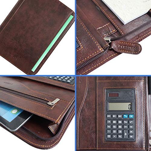 IVESIGN Faux Leather Portfolio Padfolio Organizer with Calculator, Writing Pad, Zipper Closure, Tablet Sleeve, Clipboard with Storage, Document Organizer, Business Card Holder, Note Pads- Dark Brown - Image 5
