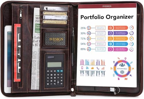 IVESIGN Faux Leather Portfolio Padfolio Organizer with Calculator, Writing Pad, Zipper Closure, Tablet Sleeve, Clipboard with Storage, Document Organizer, Business Card Holder, Note Pads- Dark Brown - Image 4