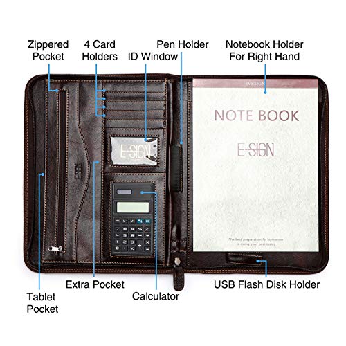 IVESIGN Faux Leather Portfolio Padfolio Organizer with Calculator, Writing Pad, Zipper Closure, Tablet Sleeve, Clipboard with Storage, Document Organizer, Business Card Holder, Note Pads- Dark Brown - Image 3