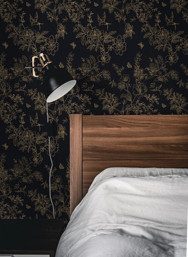 Froluya Black and Gold Vintage Floral Wallpaper Peel and Stick Wallpaper Removable 393"x17.7" Boho Peel and Stick Wallpaper Self Adhesive Wall Paper for Bedroom Cabinets Shelf Liner Vinyl Roll - Image 2