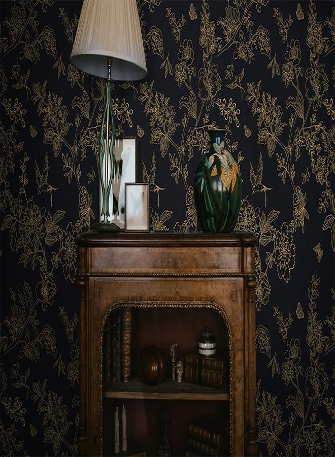 Froluya Black and Gold Vintage Floral Wallpaper Peel and Stick Wallpaper Removable 393"x17.7" Boho Peel and Stick Wallpaper Self Adhesive Wall Paper for Bedroom Cabinets Shelf Liner Vinyl Roll - Image 5