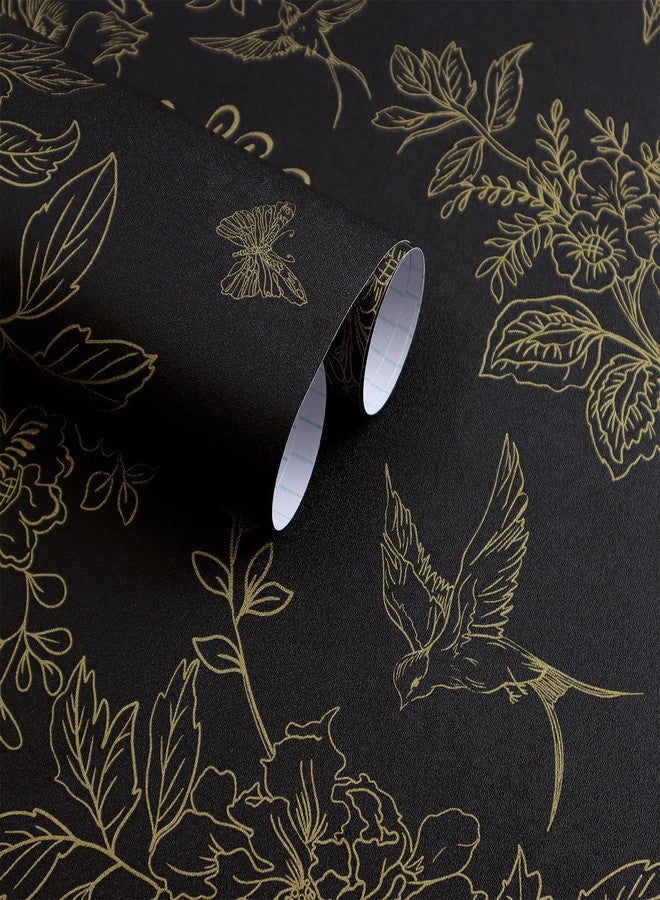 Froluya Black and Gold Vintage Floral Wallpaper Peel and Stick Wallpaper Removable 393"x17.7" Boho Peel and Stick Wallpaper Self Adhesive Wall Paper for Bedroom Cabinets Shelf Liner Vinyl Roll - Image 1
