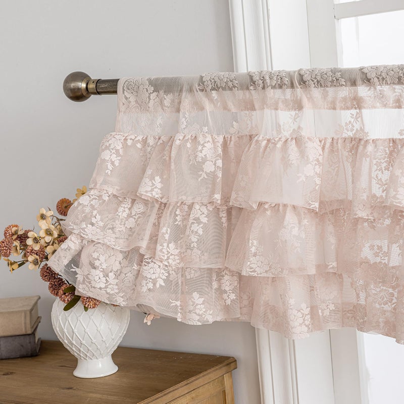 Kotile Blush Pink Lace Ruffle Valance for Windows 1 Panel, W52 x L18 Inch Country Rustic Floral Sheer Ruffled Valance Curtain for Small Kitchen Window, Rod Pocket Privacy Short Ruffle Curtain 18 Inch Length - Image 1