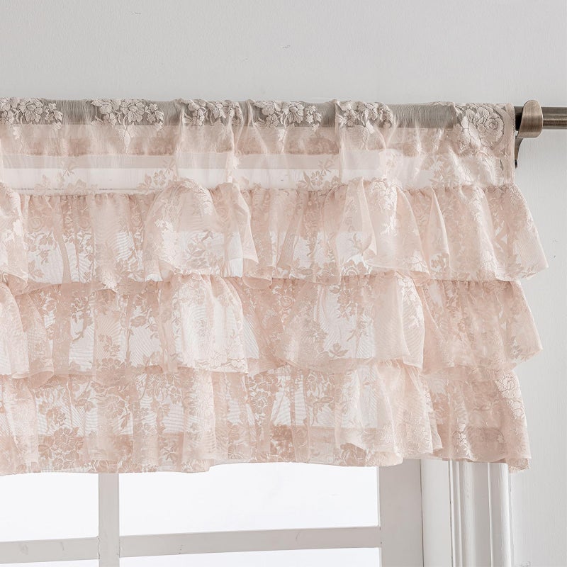 Kotile Blush Pink Lace Ruffle Valance for Windows 1 Panel, W52 x L18 Inch Country Rustic Floral Sheer Ruffled Valance Curtain for Small Kitchen Window, Rod Pocket Privacy Short Ruffle Curtain 18 Inch Length - Image 5