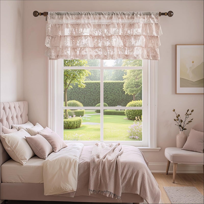Kotile Blush Pink Lace Ruffle Valance for Windows 1 Panel, W52 x L18 Inch Country Rustic Floral Sheer Ruffled Valance Curtain for Small Kitchen Window, Rod Pocket Privacy Short Ruffle Curtain 18 Inch Length - Image 4