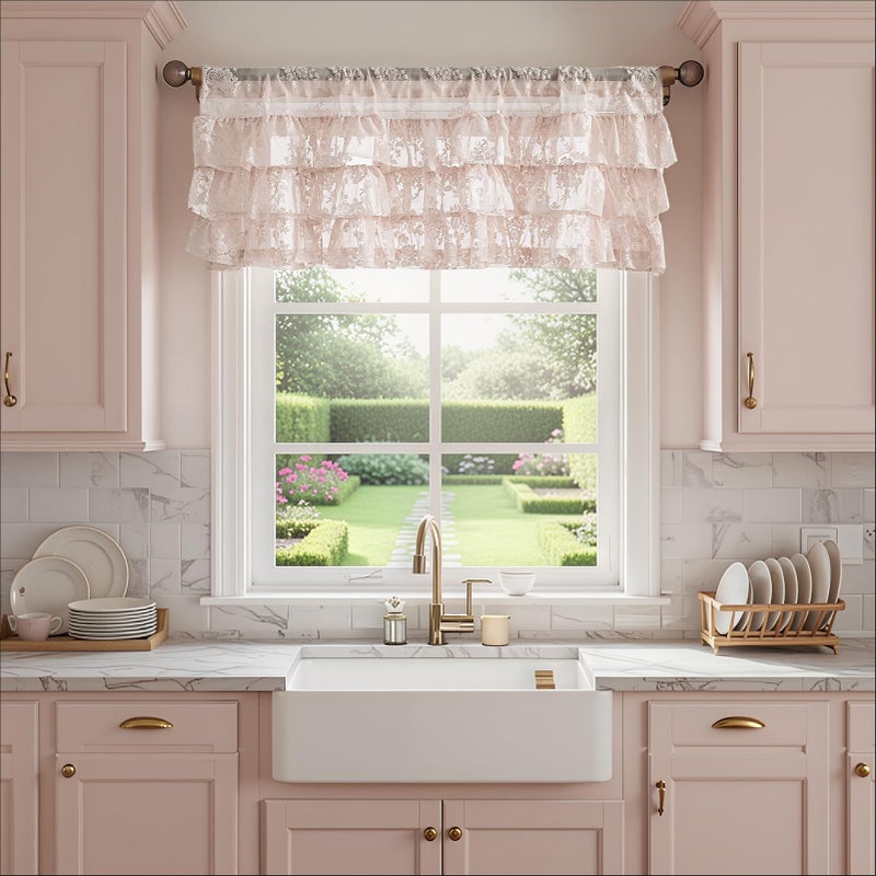 Kotile Blush Pink Lace Ruffle Valance for Windows 1 Panel, W52 x L18 Inch Country Rustic Floral Sheer Ruffled Valance Curtain for Small Kitchen Window, Rod Pocket Privacy Short Ruffle Curtain 18 Inch Length - Image 2