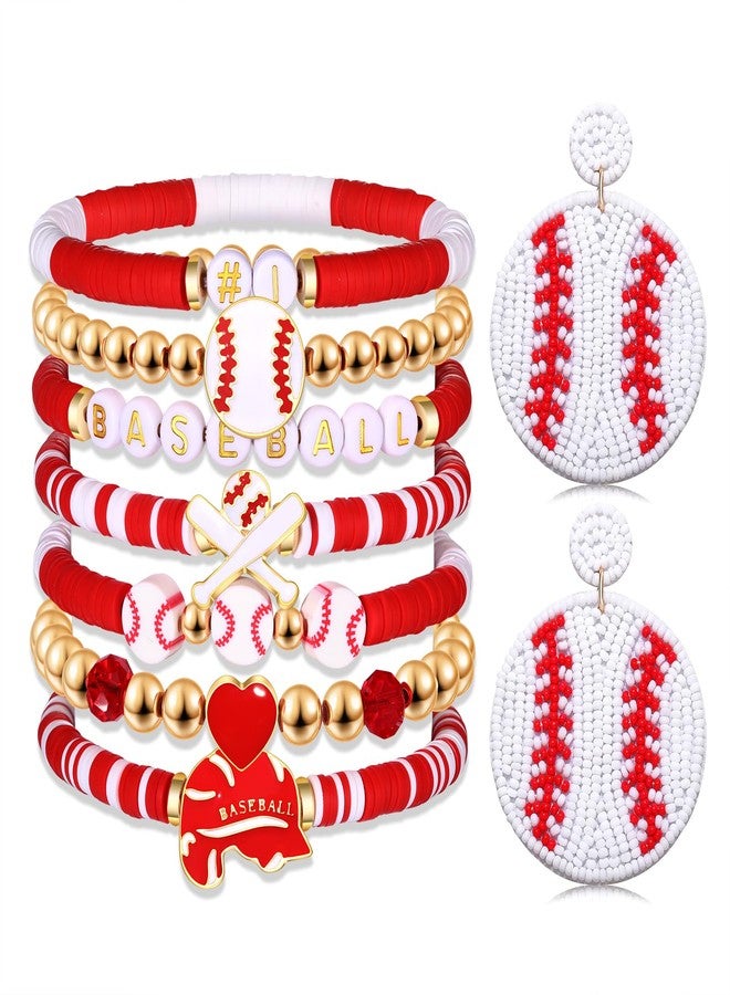 PHALIN Baseball Bracelets Earrings for Women Stackable Preppy Beaded Heishi Bracelets Beaded Dangle Earrings Game Day Sports Baseball Mom Jewelry Accessories Party Favors (Red White) - Image 1