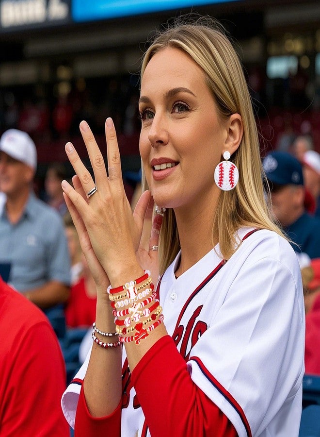 PHALIN Baseball Bracelets Earrings for Women Stackable Preppy Beaded Heishi Bracelets Beaded Dangle Earrings Game Day Sports Baseball Mom Jewelry Accessories Party Favors (Red White) - Image 3