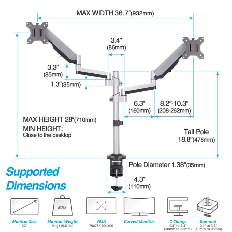 AVLT ذراع حامل الشاشة المزدوج AVLT بحجم 17"-32" لتركيب المكتب يناسب شاشتين مسطحتين/منحنيتين مع حركة كاملة وارتفاع قابل للتعديل وزاوية دوران - طويل جدًا/VESA/كليب C/فتحة - Image 2