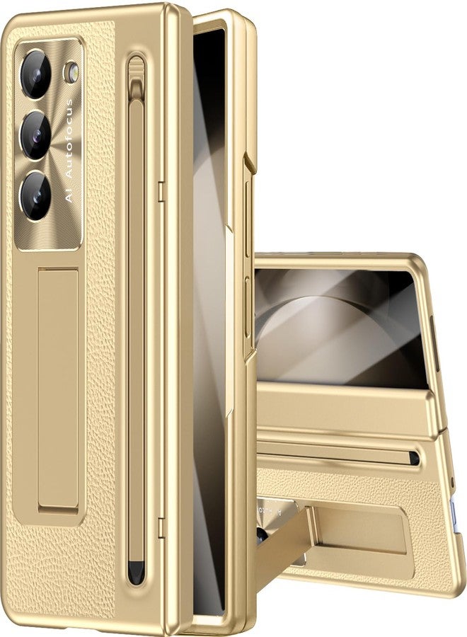 NINKI for Samsung Z Fold 5 Case with S Pen and Kickstand, Built in Screen Protector Hinge Protective Plating Leather Phone Cover for Samsung Galaxy Z Fold 5 Case with S Pen Holder and Stand - Gold - Image 1