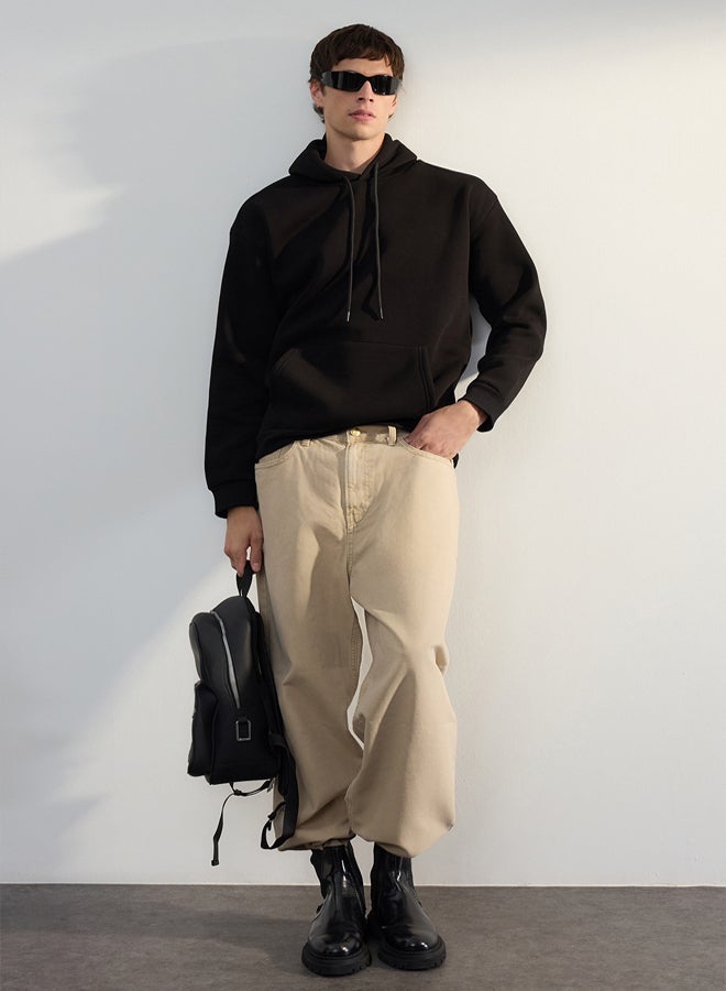 trendyol Premium Black Oversize/Wide Cut Embroidered Fleece Hooded Sweatshirt - Image 1